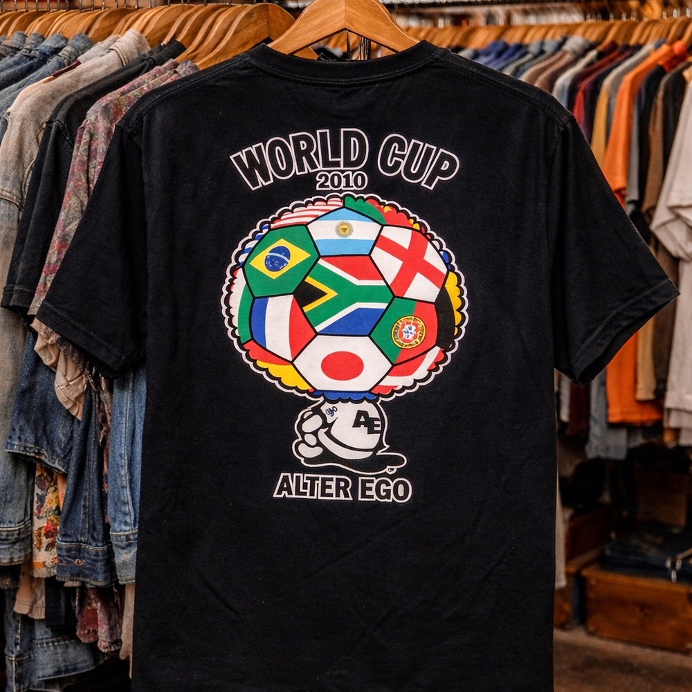 World Cup 2010 Soccer Graphic Tee Alter Ego Black Vintage Style Shirt Size Large